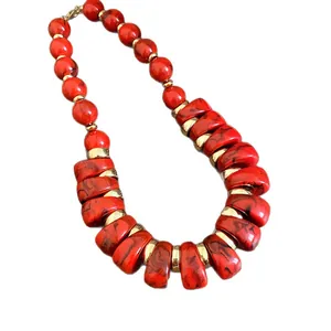 Ethnic style red marbled bead necklace with gold spacers for women