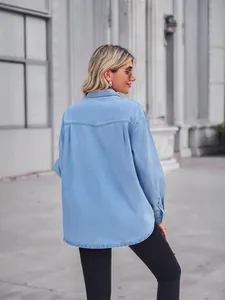 Stylish women's light blue long sleeve denim shirt with a classic lapel collar design