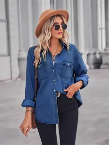 Women's blue denim long sleeve shirt with lapel collar and loose fit for casual style.