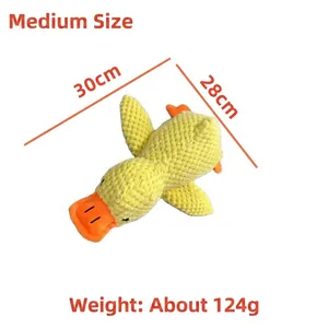 Gedetailleerde afmetingen van de gele pluche eend voor honden: 30 cm lengte en 124 g.