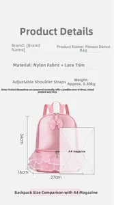 Detail showing size comparison of pink children's ballet backpack with A4 magazine.