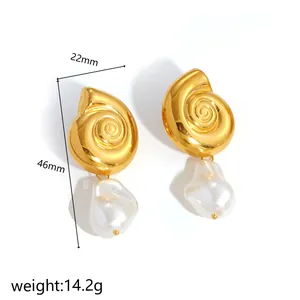 Unique gold-plated stainless steel snail earrings with baroque pearl drops for women