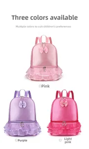 Ballet dance backpack for girls shown in pink, purple, and rose pink color options