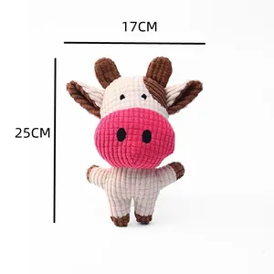 Soft corduroy plush cow squeaky dog toy showing dimensions of 17cm width and 25cm height