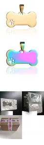 Bone-shaped stainless steel pet tags shown with single, ten, and bulk packaging options