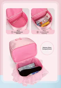 Detailed view of pink ballet backpack showing main interior and bottom shoe pocket
