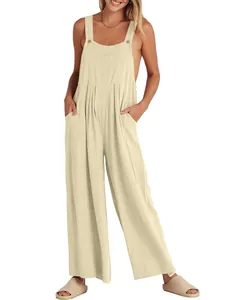 Mono peto holgado de algodón y lino beige para mujer con diseño de pernera ancha