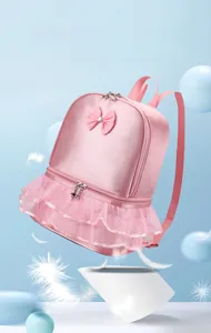 Detailed view of elegant pink ballet tutu backpack for girls with bow and lace trim