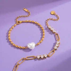 Gold plated stainless steel heart pearl and zircon bracelet set for women