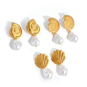Vintage gold plated stainless steel sea shell and baroque pearl drop earrings set for women