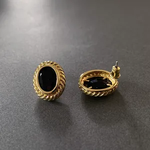 Vintage French style oval stud earrings with black gemstone and gold rope border