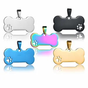 Stainless Steel Bone Shape Pet ID Tag Hollow-out Paw Print Dog Tag Mirror Polished Metal Anti-lost Pendant For Dogs Cats