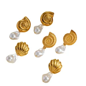 Elegant stainless steel snail conch spiral earrings with baroque pearls in gold finish