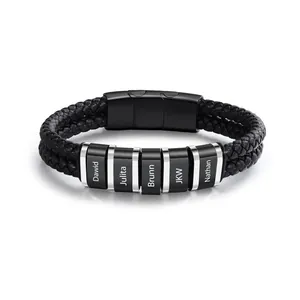 Men Personalized Double Layer Braided Artificial Leather Bracelet With Magnetic Stainless Steel Clasp Black Engraved Name Metal Beads Minimalist Fashion Jewelry