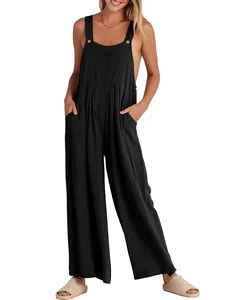 Mono informal de algodón y lino negro de pierna ancha con bolsillos para mujer holgado.