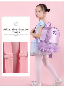 Close-up view showing adjustable metal buckles on purple girls ballet dance backpack