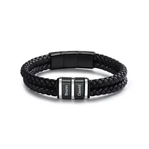 Personalized double-layer braided leather bracelet with engraved names for men