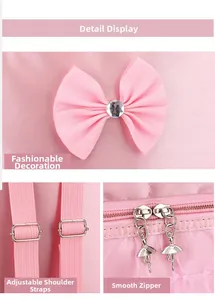 Detail view of pink ballet backpack with adjustable straps and decorative zipper pulls