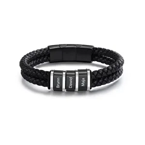 Personalized men's double-layer braided leather bracelet with custom name engraved beads