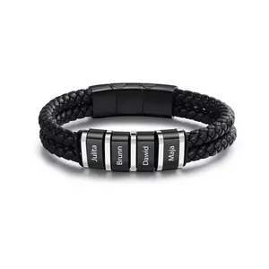 Personalized men's double-strand braided leather bracelet with magnetic name beads