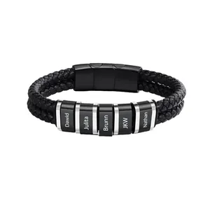 Personalized double-layer black braided leather bracelet with custom name engraving beads