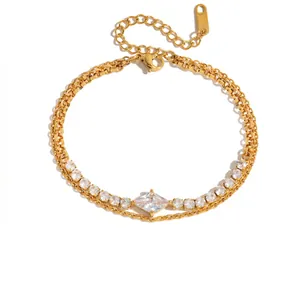 Elegant double-layer gold plated stainless steel bracelet with diamond-shaped zirconia