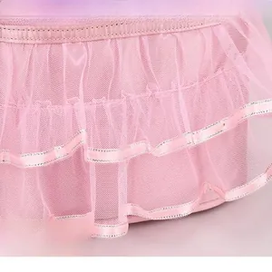 Close-up of pink layered mesh ruffle detail on ballet dance bag with silver trim