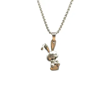 Streetwear hip-hop stainless steel necklace featuring a silver cartoon rabbit pendant
