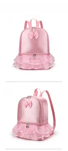 Pink kids ballet backpack with bowknot and layered tutu ruffles shown from front and side.