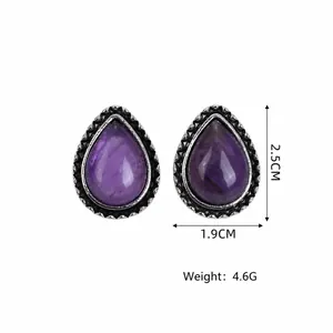 Orecchini a lobo vintage a goccia in lega con pietra di cristallo naturale viola