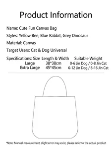 Size chart for animal-shaped pet canvas shoulder bag for cats and small dogs