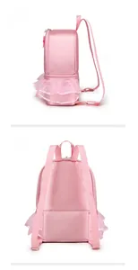 Detailed side and back views of a pink ballet dance backpack for girls with lace trim