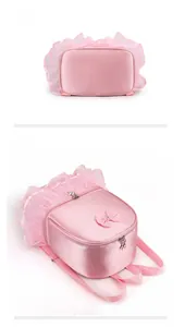Detailed view of the top and bottom of a pink ballet dance backpack for girls