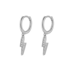 Minimalist sterling silver lightning bolt hoop earrings with pave cubic zirconia stones