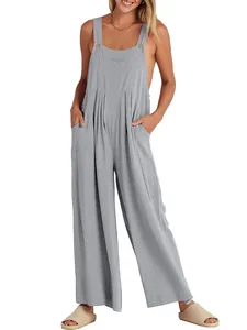 Mono elegante informal de algodón y lino gris claro con bolsillos para mujer