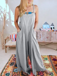 Peto informal de algodón y lino gris para mujer con diseño moderno de pierna ancha