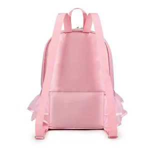 Rosa Ballett-Rucksack für Mädchen mit Tüllrüschen, Rückansicht auf weißem Hintergrund