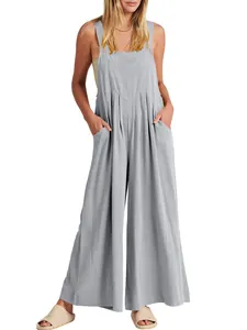 Mono informal de algodón y lino de color liso con pernera ancha para mujer con bolsillos