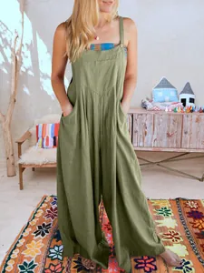 Mono casual de algodón y lino verde oliva de corte holgado para mujer estilo boho