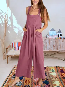 Peto casual de algodón y lino color malva con pernera ancha y bolsillo delantero
