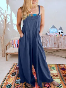 Mono largo informal de algodón y lino azul marino con pernera ancha para mujer.