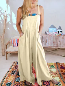 Mono tipo peto holgado de algodón y lino beige para mujer con bolsillos prácticos