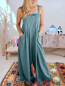 Mono casual holgado de algodón y lino verde azulado con pernera ancha