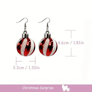 Close-up of red and white striped Christmas ball earrings with size dimensions.