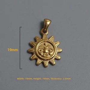 18K gold plated stainless steel sun face pendant charm for DIY necklaces, 19mm diameter