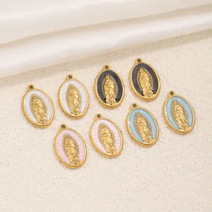 Oval 18K gold plated stainless steel Virgin Mary pendants with colorful enamel for DIY