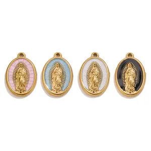 18K Gold Plated Stainless Steel Colorful Enamel Virgin Mary Oval Pendants for DIY Jewelry