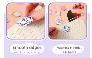 Detail view of cute cartoon magnetic bookmarks showing smooth edges and magnetic clip