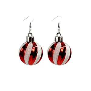 Festive red and white striped Christmas ball drop earrings for holiday party celebration