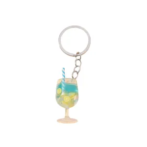 Luminous simulation blue juice cup keychain with lemon slices and striped straw pendant